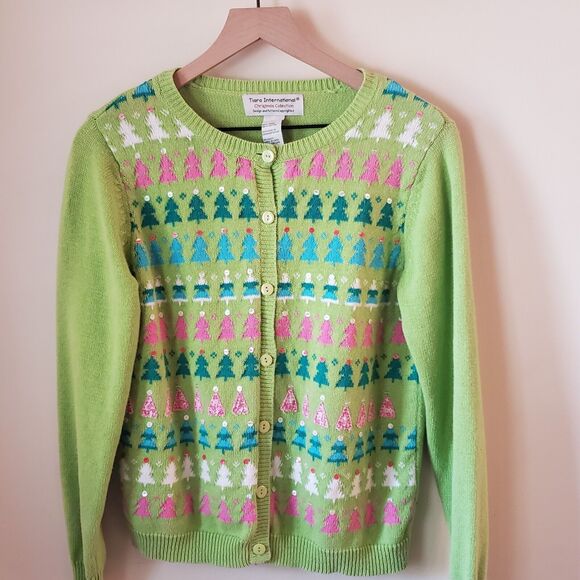 Vintage Tiara International Bright Christmas Tree Sequin Cardigan Sweater Medium - Picture 1 of 8